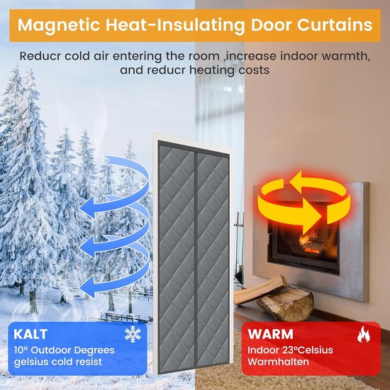Sekey Magneet thermisch deurgordijn, koudebescherming, warmtewerend gordijn voor deuren, waterdicht, winddicht, energiebesparend, thermisch gordijn, deur, 90 x 210 cm, grijs