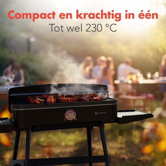 KitchenBrothers Elektrische BBQ - Staand en Tafelmodel Barbecue - Tafelbarbecue - Anti-aanbaklaag - 24x50cm Grilloppervlak - 2200W - Zwart - KitchenBrothers