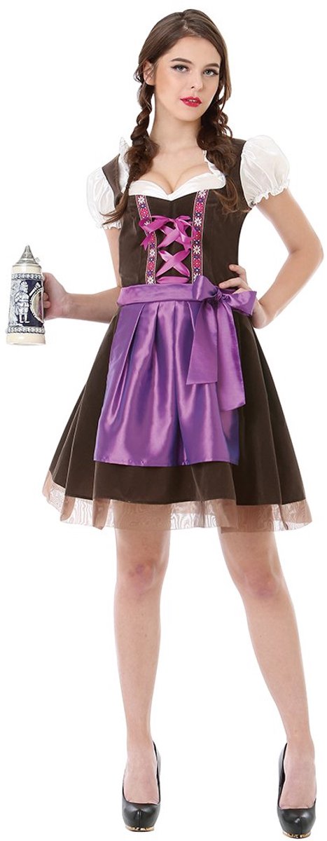 Partychimp Sexy Oktoberfest Dirndl Dames Claudia Oktoberfest Dames Carnavalskleding Dames Carnaval Kostuum Dames - Polyester - Bruin/Paars - Maat L - Excl kousen