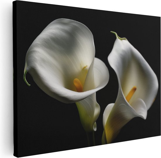 Artaza Canvas Schilderij Twee Witte Calla Lelies tegen een Zwarte Achtergrond - 40x30 - Klein - Foto Op Canvas - Canvas Print