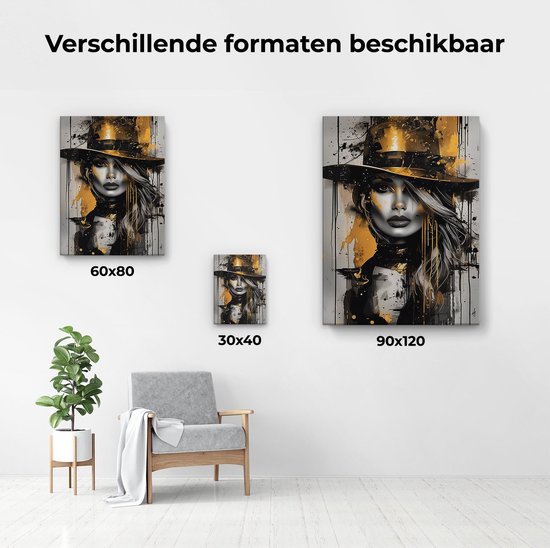 Artaza Canvas Schilderij Vrouw in een Hoed - 90x120 cm - Wanddecoratie Woonkamer - Schilderijen - Muurdecoratie