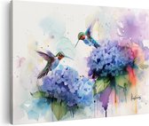 Artaza Canvas Schilderij Twee Kolibries op Paarse Bloemen - 30x20 - Klein - Foto Op Canvas - Canvas Print