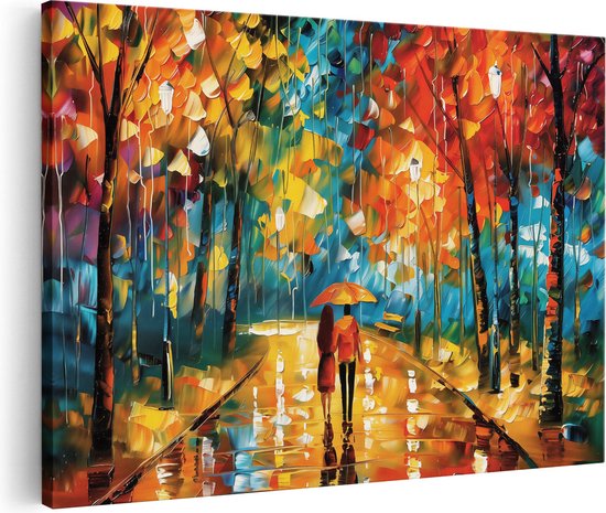 Artaza Canvas Schilderij Paar dat in de Regen loopt met een Paraplu - 90x60 - Wanddecoratie - Foto Op Canvas - Canvas Print