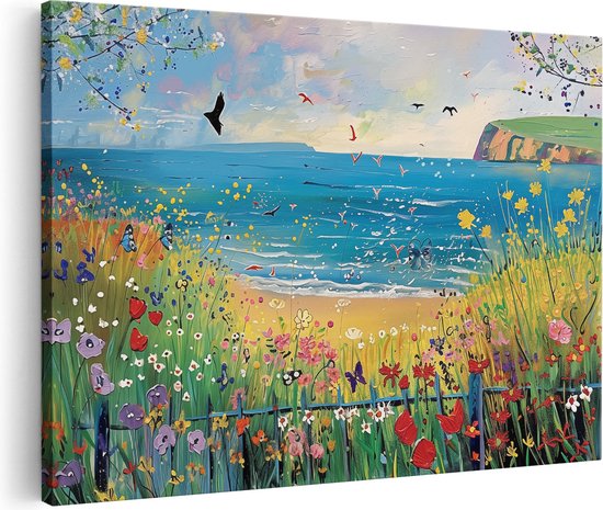 Artaza Peinture sur toile représentant une plage avec des Fleurs et des Vogels – 120 x 80 – Groot – Photo sur toile – Impression sur toile