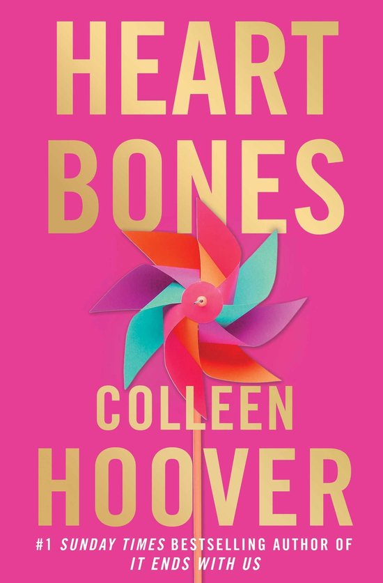 Livre "Heart Bones" de Colleen Hoover avec une couverture rose et un moulinet coloré.