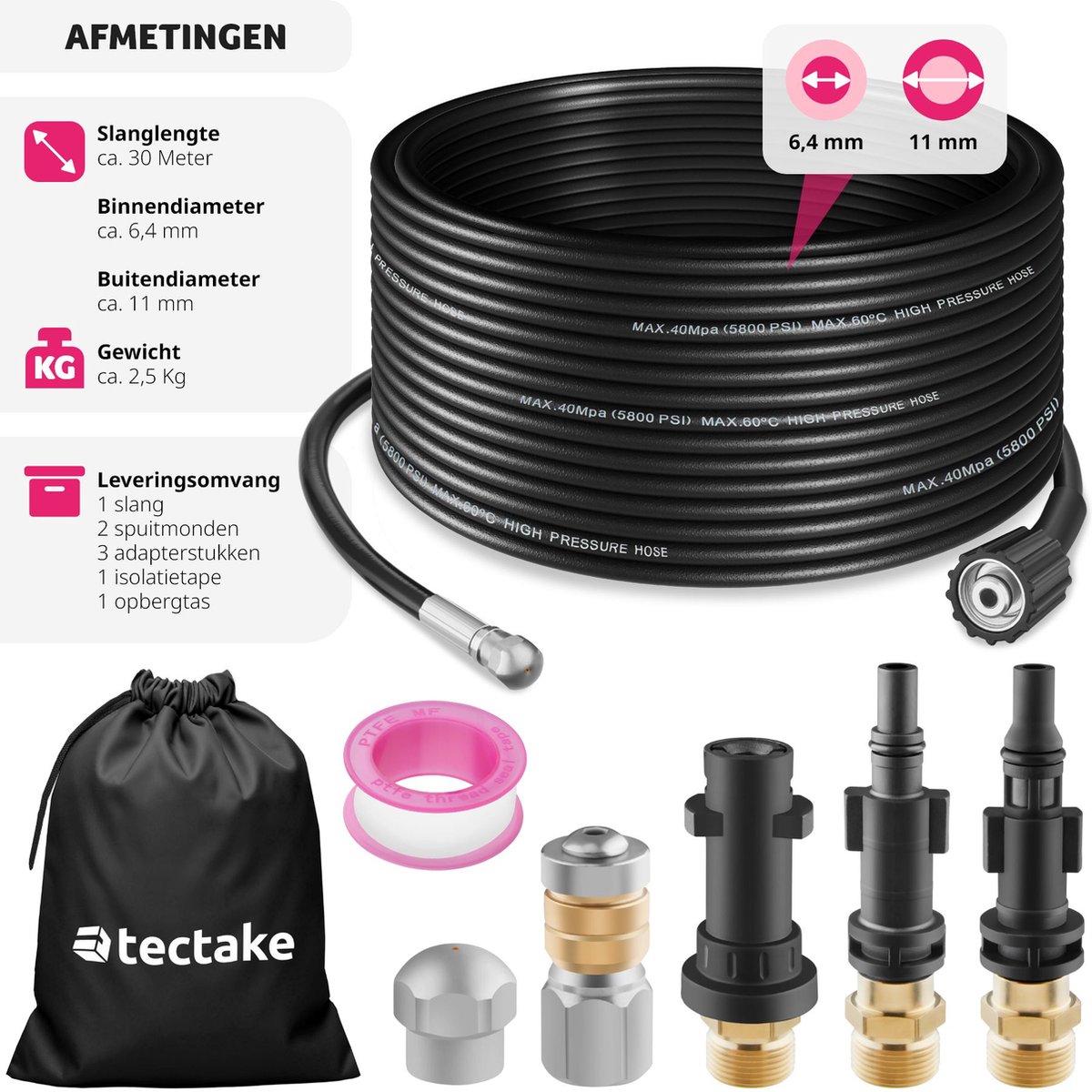 tectake® Rioolslang - Leidingreinigingsslang - Incl. mondstukken en