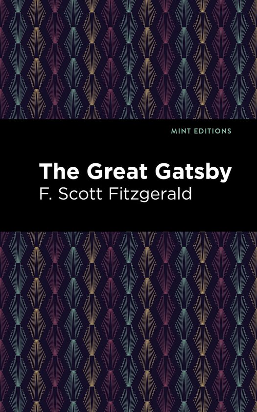Boek kaft met art-deco patroon in paars, goud en groen. "The Great Gatsby" F. Scott Fitzgerald.