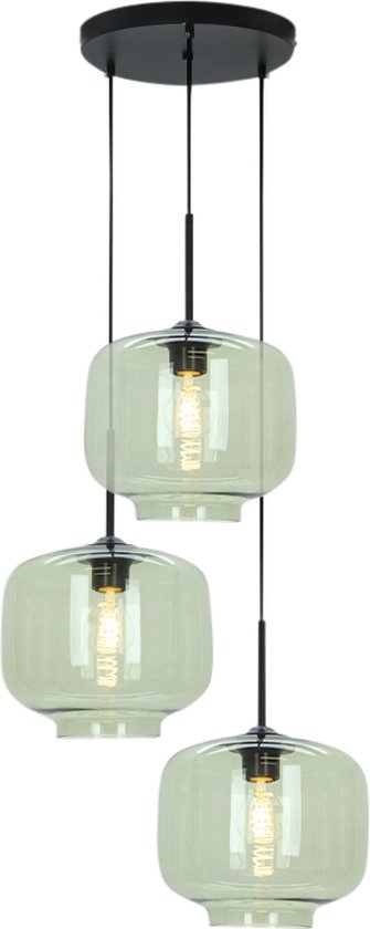 Olucia Anniek - Lampe suspendue rétro - 3L - Métal/ Glas - Vert ; Zwart - Rond - 45 cm