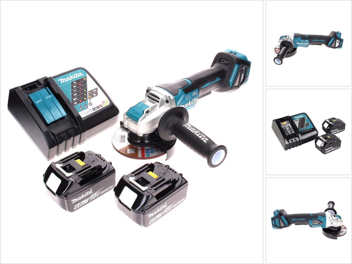 Makita DGA 519 RG accu haakse slijper 18 V 125 mm Brushless X-Lock + 2x accu 6.0 Ah + lader