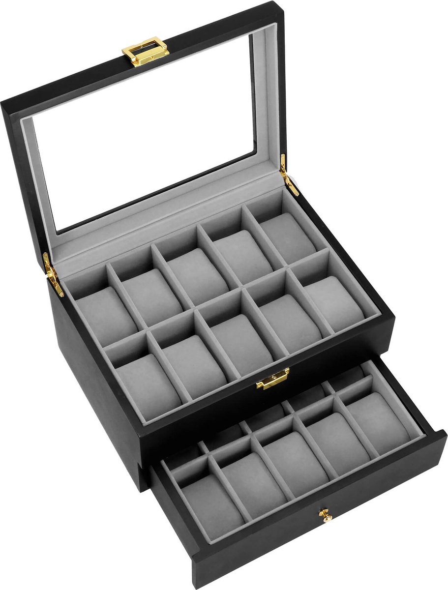 Springos Horlogedoos - Horlogebox - Horlogeopberger - Zwart - Grijs - 20 Horloges