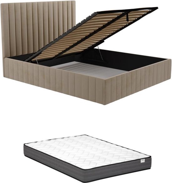 PASCAL MORABITO Bed met opbergruimte 160 x 200 cm met hoofdbord met verticale stiksels - Velours - Taupegrijs + matras - LARALI L 174 cm x H 120 cm x D 215 cm
