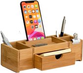 Bamboe bureauorganizer met laden en pennenhouder - duurzaam houten opbergrek voor bureau met telefoonhouder Desk Organizer