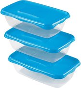 Hega Hogar Vershoudbakjes - set 3x stuks - 0.9 liter - transparant/blauw - L20 x B12 x H8 cm - Mealprep - Maaltijden bewaren