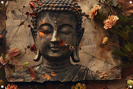 Boeddha tuinposter - Religie tuinposter - Tuinposters Bloemen - Posters buiten - Buitenschilderij schutting - Tuindecoratie muurdecoratie tuinposter 150x100 cm