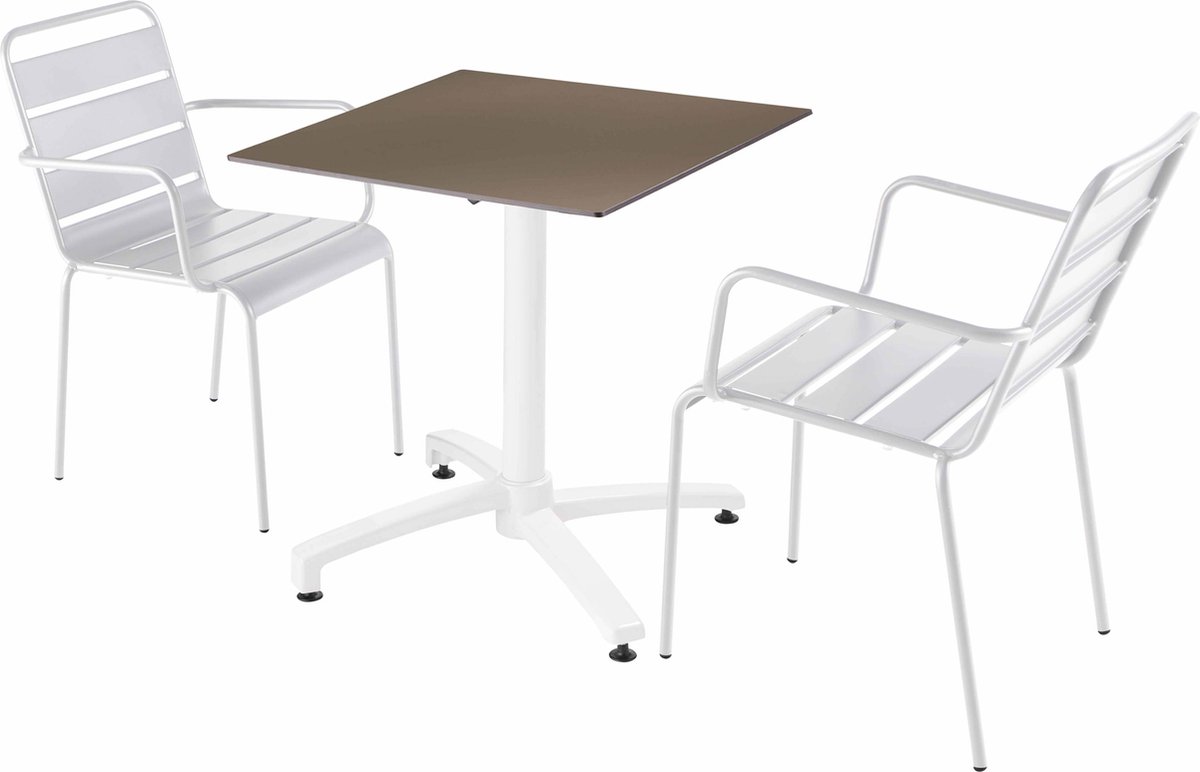 Tuinset met taupe gelamineerd blad en 2 witte fauteuils - Oviala.