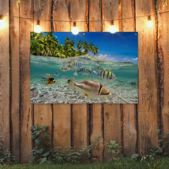 Tuinposter 120x80 cm - Tuindecoratie Strand - Vissen - Tropisch - Poster voor in de tuin - Buiten decoratie - Schutting tuinschilderij - Tuindoek muurdecoratie - Wanddecoratie balkondoek