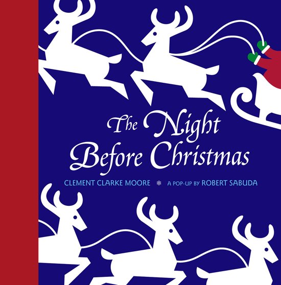 Kerstillustratie met witte rendieren en slee, met de titel 'The Night Before Christmas'.