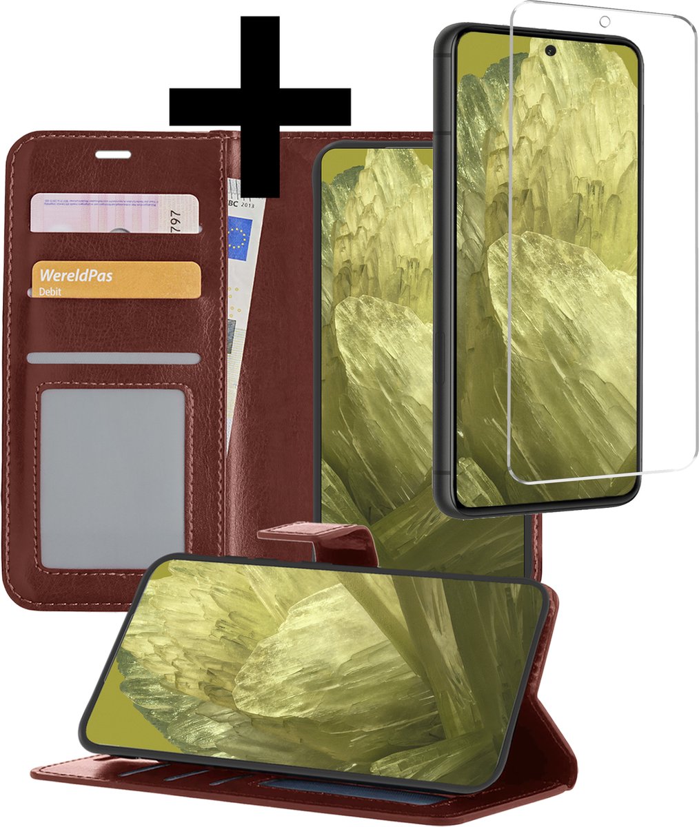 Hoesje - Met Screenprotector - Geschikt voor Google Pixel 8a - Luxe Pasjeshouder - Bookcase Portemonee - Flip Case - Kunstleer Book Case - Flipcase - Book Cover - Walletcase - Portemonneehoes - Telefoonhoesjes - Bruin