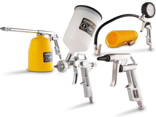 Powerplus set: gele lans met reservoir, witte verfspuit, zilverkleurig luchtpistool, bandenvulpistool met manometer en gele spiraalslang.
