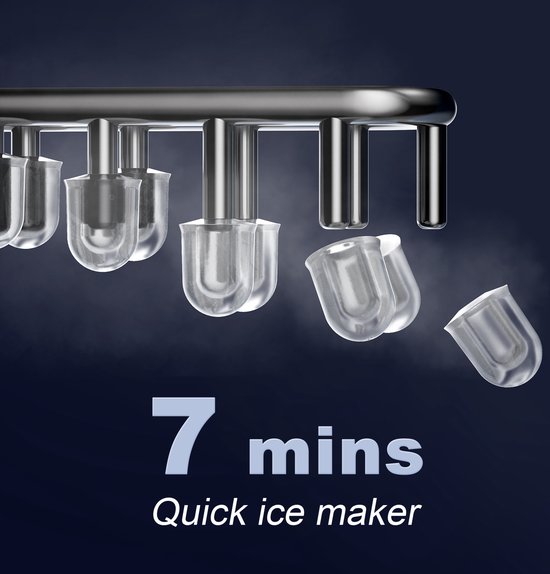 Close-up van ijzeren staven die klaar zijn om ijs te maken, met de tekst '7 mins Quick ice maker'.