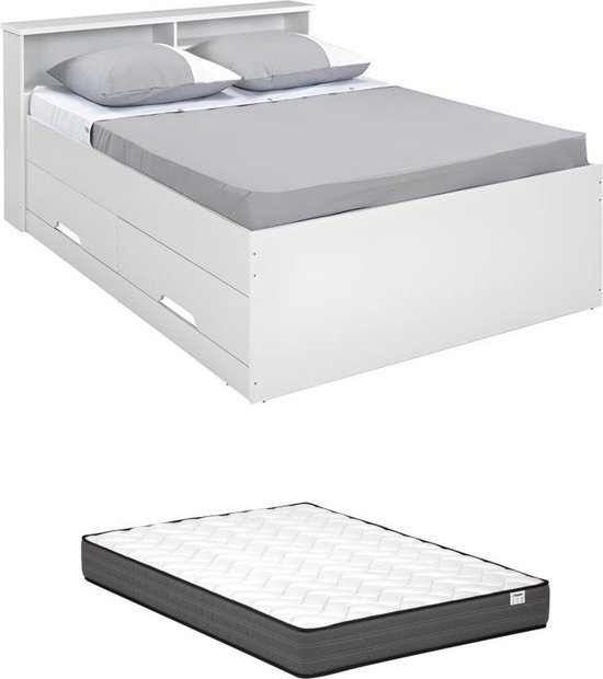 Bed 140 x 190 cm met lades en opbergruimte - Wit + matras - BORIS L 148 cm x H 87 cm x D 214 cm