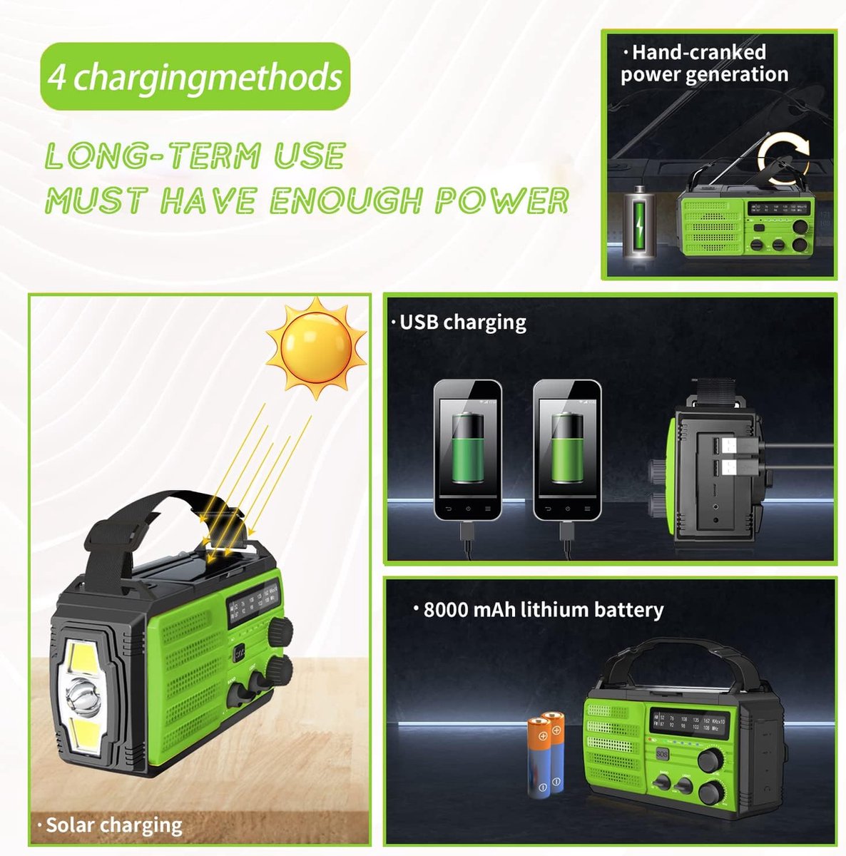 Wind Up Radio met USB / Telefoon Oplader / Zonne/3-LED