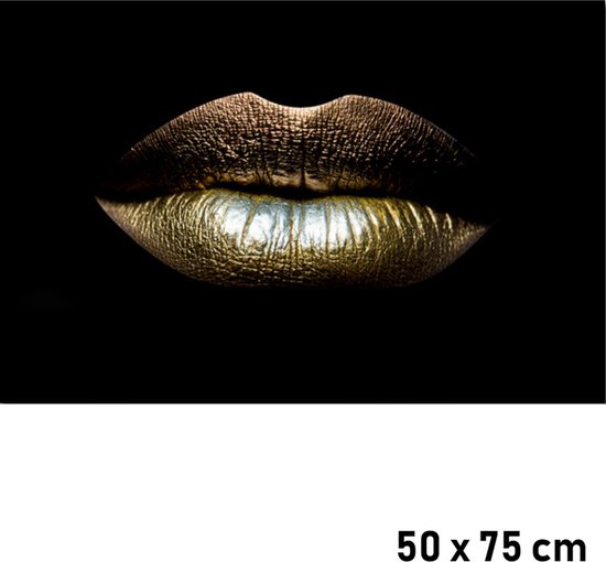 Allernieuwste.nl® Canvas Schilderij Gouden Lippen Mond - Kunst aan je Muur - Modern Abstract - Goud en Zwart - 50 x 75 cm