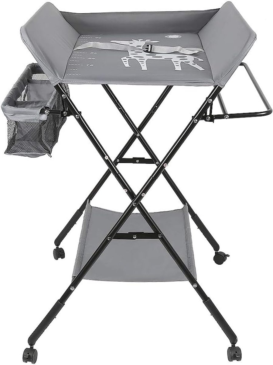 Opvouwbaar, draagbaar, met opbergmand, luiertafel met 4 wielen en veiligheidsgordel, in hoogte verstelbaar, 80 x 66 x 98 cm (grijs)