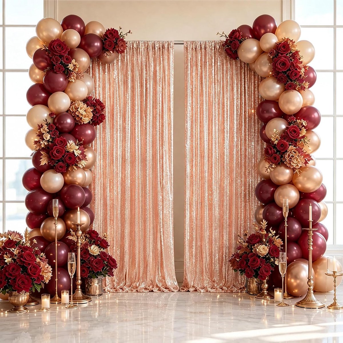 Gordijn-achtergrond met pailletten, 2 stuks, 60 x 240 cm, feestachtergrond, glittergordijn voor verjaardag, fotoachtergrond, babyshower, bruidsdouche, fotowand (roségoud)