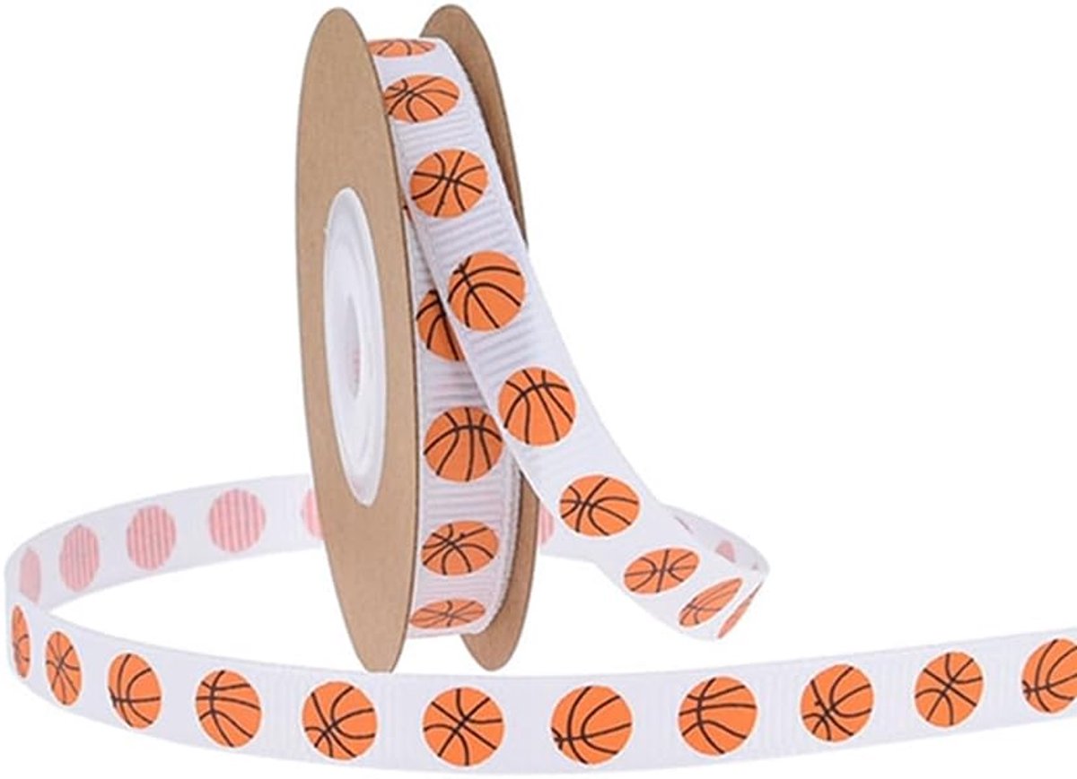 20 yard x 10 mm, cadeaulint met oranje basketbalpatroon, knutselband, sportband, print, sportballen, grosgrain-band, sportbal, kleurlint, sport, themafeest, decoraties, wit