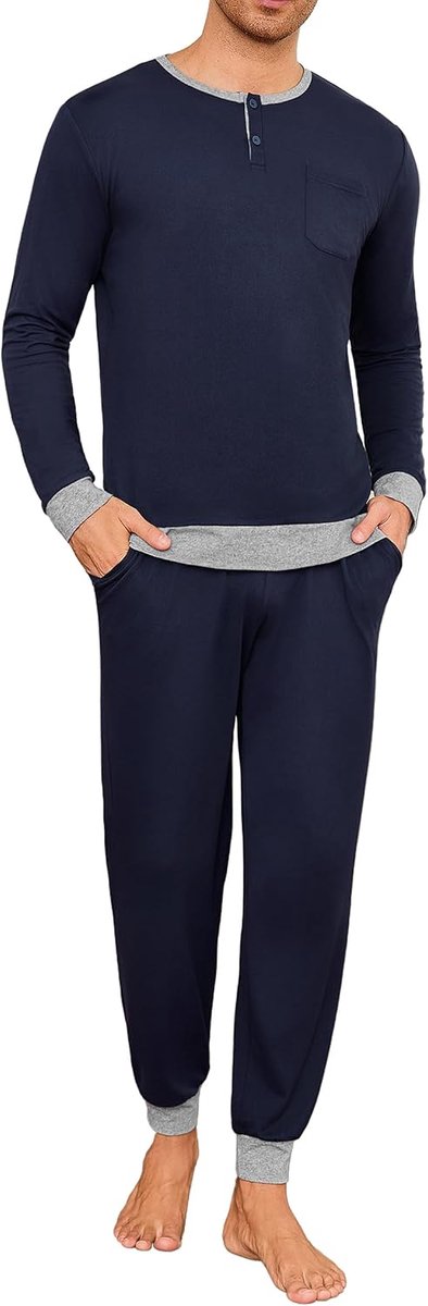 Pyjama voor heren, lang, met manchetten, contrasterende kleuren, katoenen pyjamaset, lange mouwen, nachtkleding, S-4XL