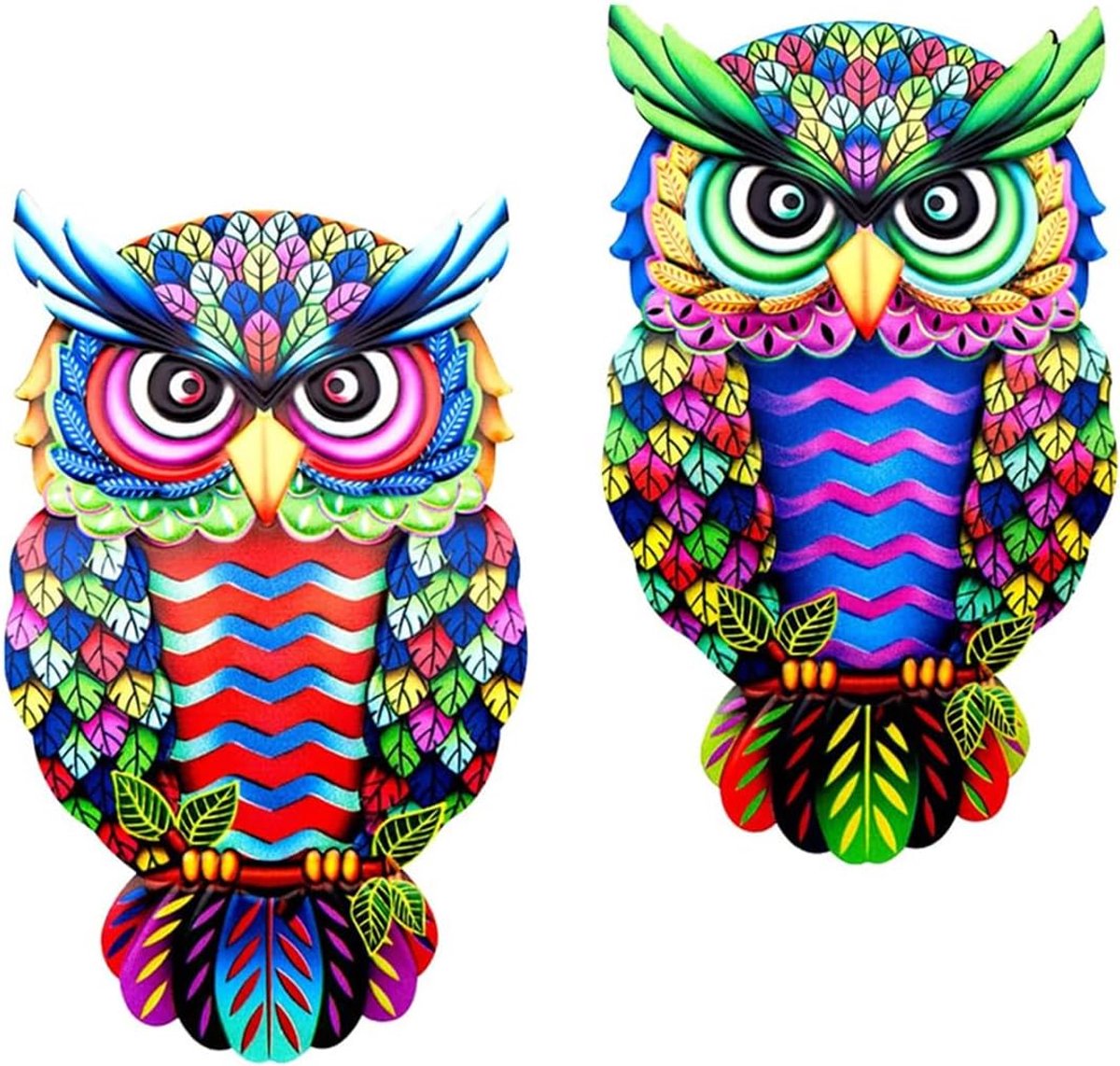2-pack metalen uilen wanddecoratie, smeedijzeren kleurrijke uilen wandsculpturen, tuinhekversieringen voor in de achtertuin