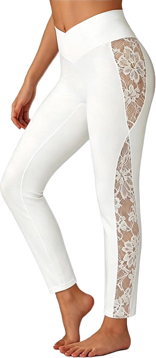 Legging Hoge Taille Kant, Lange Sportleggings voor Training, Wit