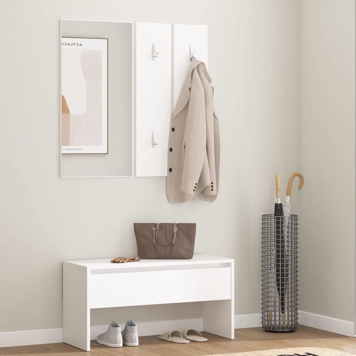 Meubelset met ingang met spiegel, lade, garderobe en schoenenrek, hout, 4-delige set voor hal, foyer, multiplex, eiken rookkleurig