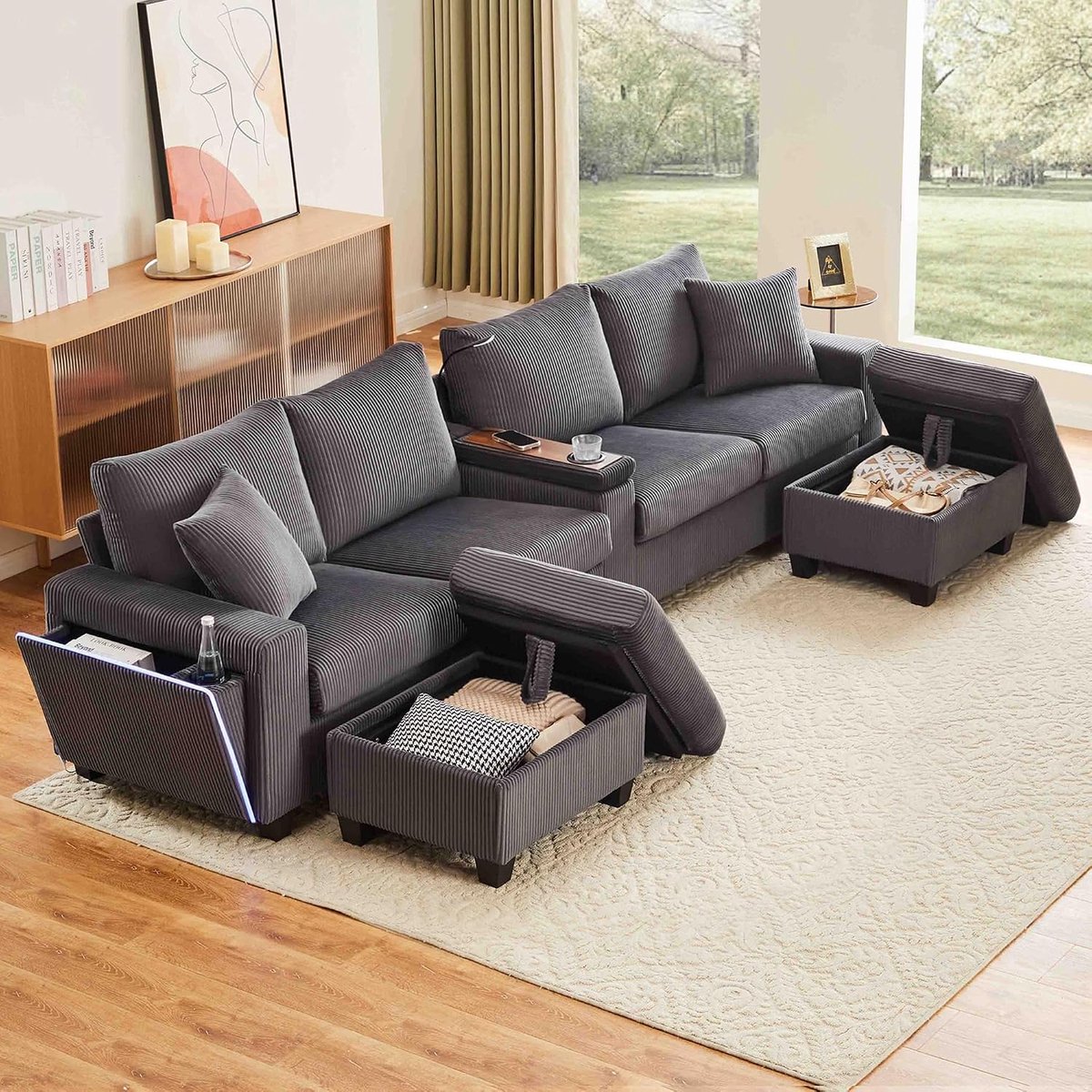 Corduroy bank met L-E-D & USB, grote hoekbank met 2 krukken, opbergruimte, bekerhouder en leeslamp, moderne woonkamerbank, grijs, 4-zits + 2