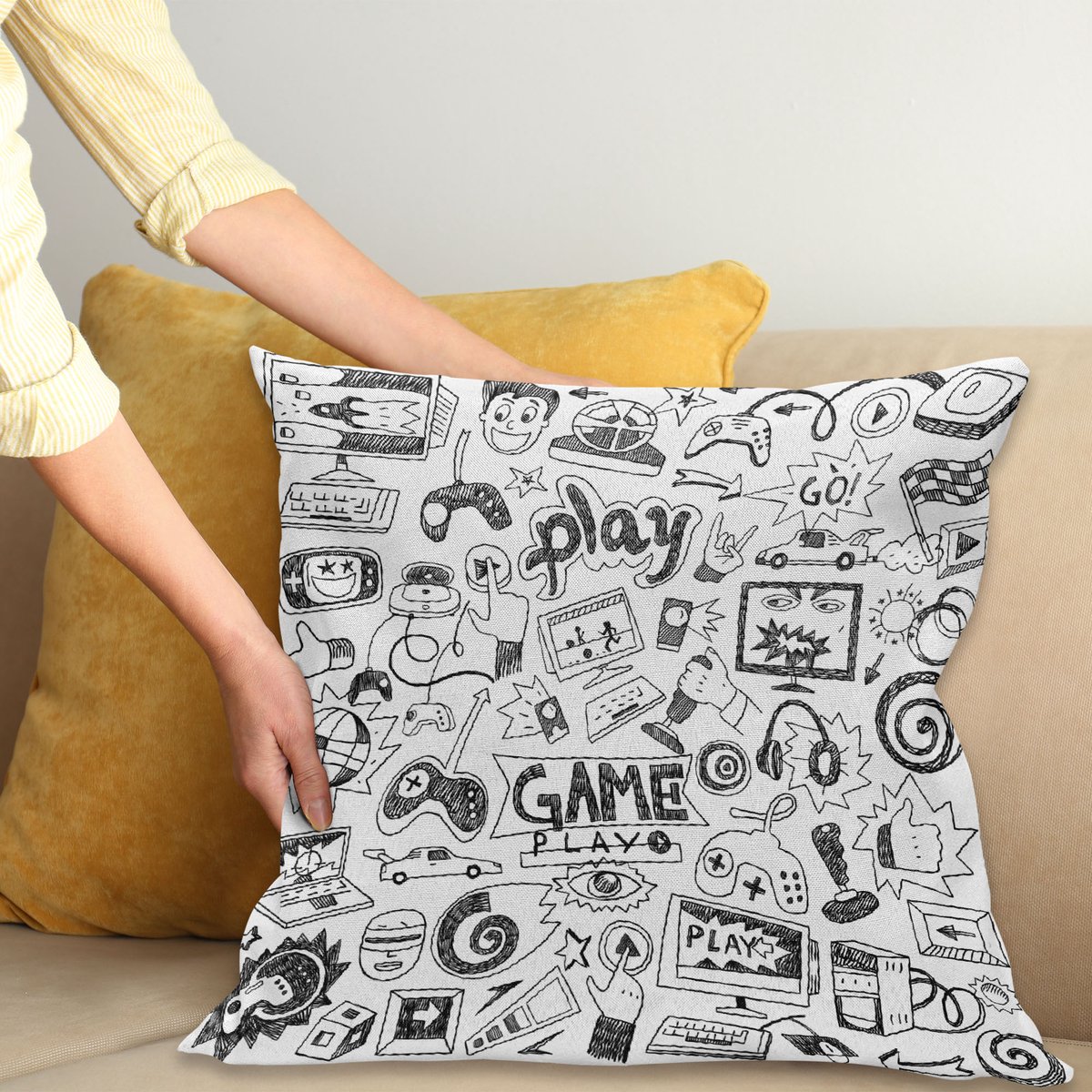 ABAKUHAUS Videospiele Kussenhoes, Schets Stijl Gaming, voor de Binnen of Buiten Gebruik Geschikt met Ritssluiting Wasbare Stof, 60 x 60 cm, Wit Zwart