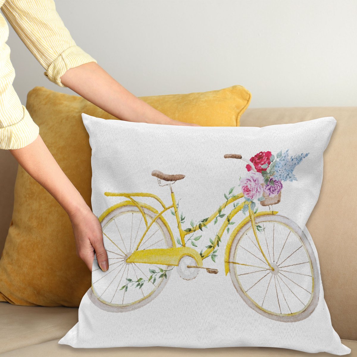 ABAKUHAUS Vintage Kussenhoes, Fiets met Bloemen, Wasbare Kleurechte Kussenhoes met Digitale Dubbelzijdige Print en Ritssluiting, 40 x 40 cm, Wit en Geel