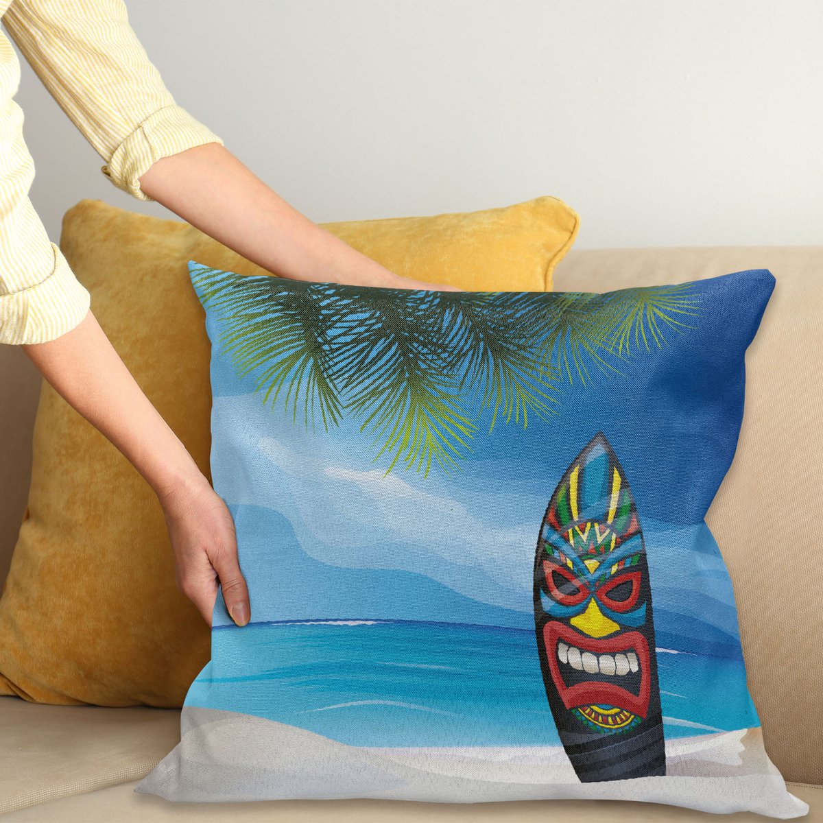 ABAKUHAUS Tiki-Bar Kussenhoes, Tiki Surfbrett, Decoratieve Kussenhoes met Dubbelzijdige Print, Ritssluiting, Wasbaar, 40 x 40 cm, Meerkleurig
