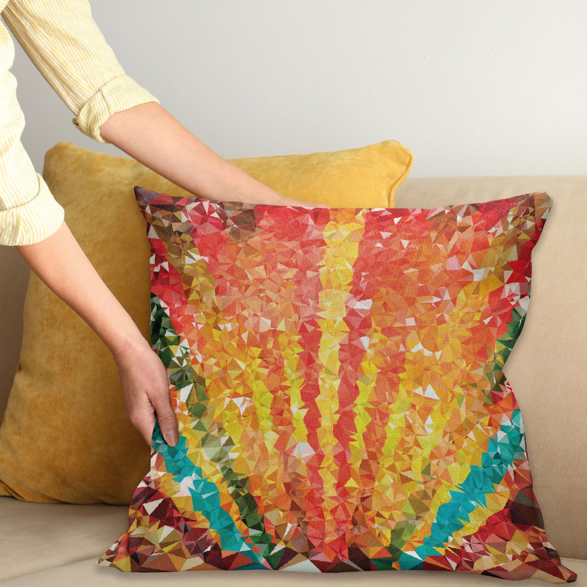 ABAKUHAUS Oranje Kussenhoes, Regenboog met Diamanten, Van Kleurechte Wasbare Stof, Dubbelzijdige Print met Stevige Ritssluiting, 60 x 60 cm, Oranje Rood