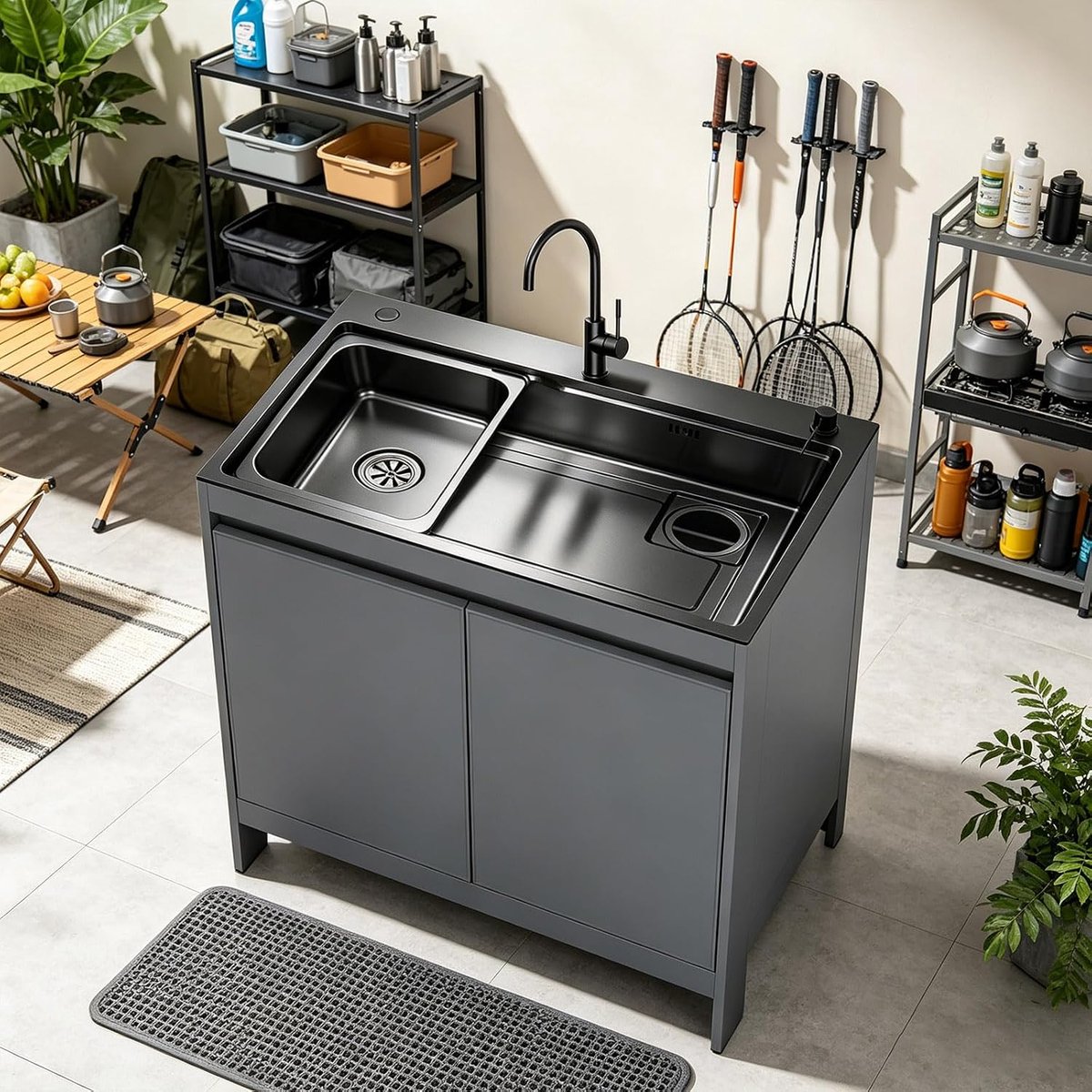 Spoelbak met Kast, RVS Bad & Honingraat Aluminium, Mengkraan voor Balkon, Wasruimte en BBQ Keuken