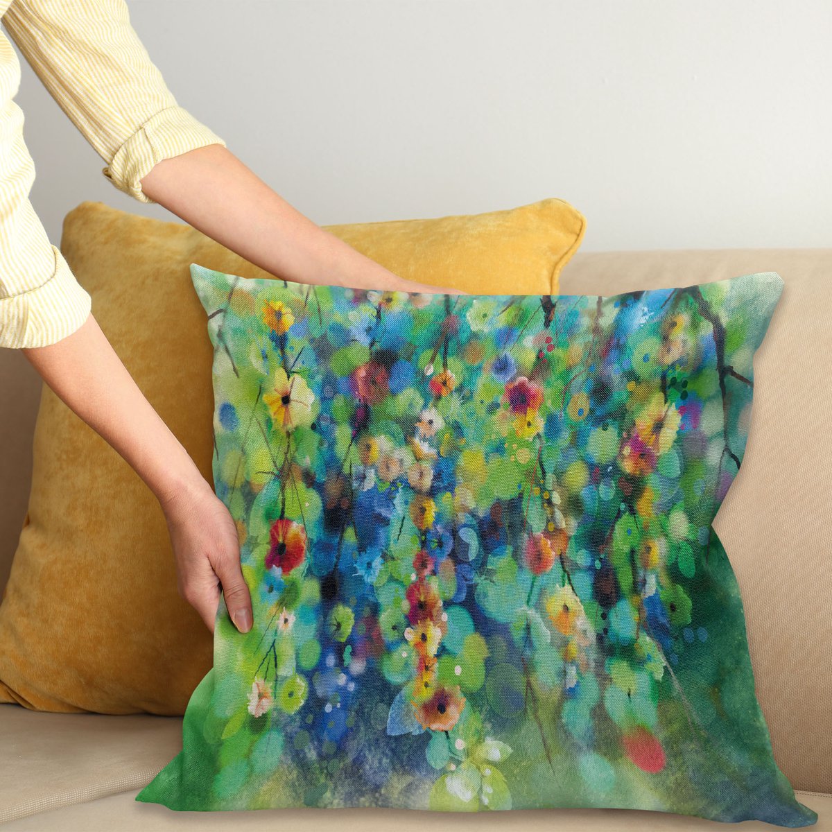 ABAKUHAUS Bloemen Kussenhoes, Kleurrijke Bloemen op Boom, Wasbare Sierkussenhoes voor Binnen/Buiten, Dubbelzijdige Print met Ritssluiting, 40 x 40 cm, Groen Blauw