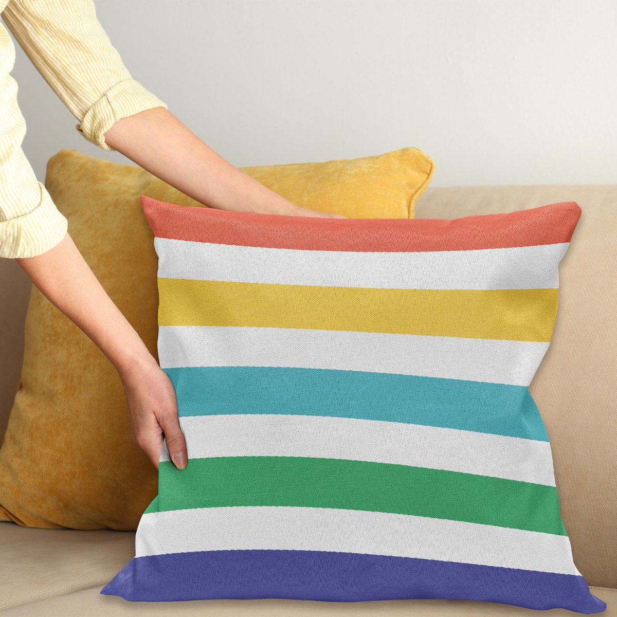 ABAKUHAUS Gestreift Kussenhoes, Regenboog-Kinder-Patroon, Water- en Vuilafstotende Stof met Digitale Print voor Binnen en Buiten, 40 x 40 cm, Meerkleurig