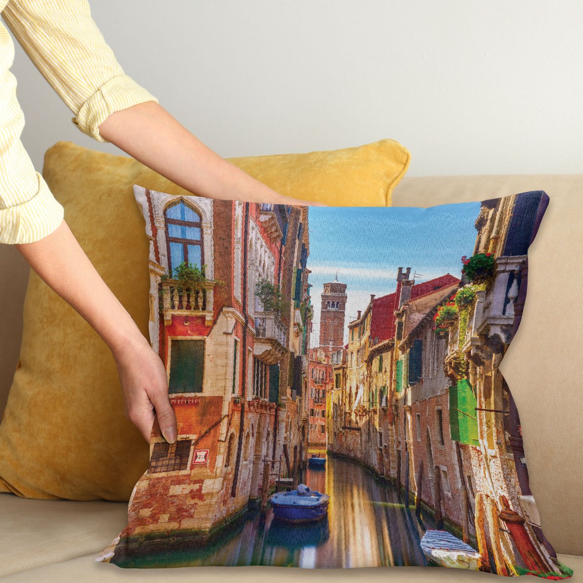 ABAKUHAUS Italien Kussenhoes, Venedig-Kanal Stadtbild, Water- en Vuilafstotende Stof met Digitale Print voor Binnen en Buiten, 45 x 45 cm, Meerkleurig