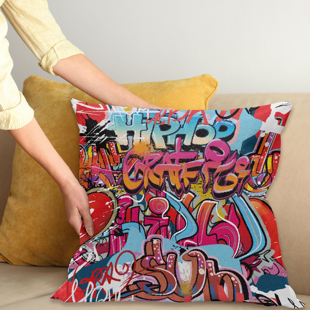 ABAKUHAUS Graffiti Kussenhoes, Hip Hop Street Kunst, Wasbare Sierkussenhoes voor Binnen/Buiten, Dubbelzijdige Print met Ritssluiting, 40 x 40 cm, Meerkleurig