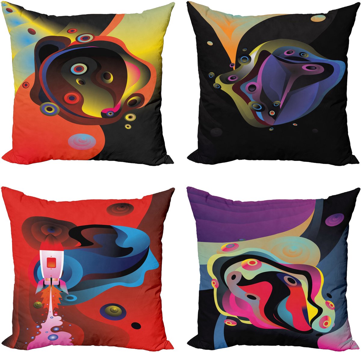 ABAKUHAUS Psychedelisch Sierkussen Kussenhoes 4er Set, Trippy Formen Rakete Modern Accent Dubbelzijdige Digitale Print, 60 cm x 60 cm, Zinnoberrot Meerkleurig