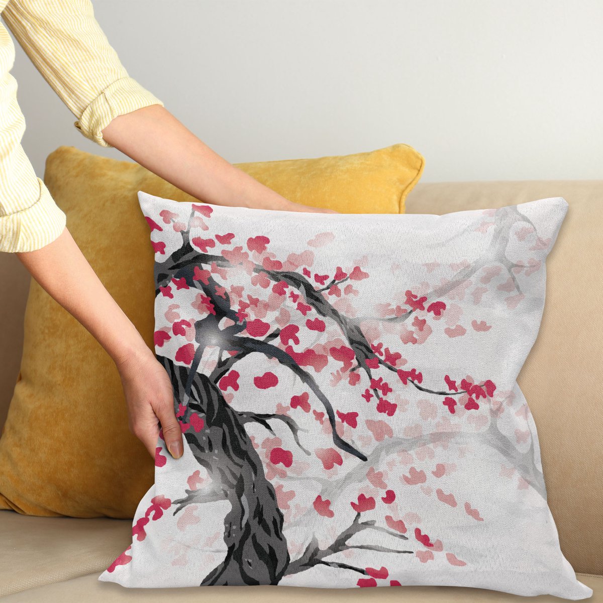 ABAKUHAUS Kirschblüte Kussenhoes, Twisted Trunk, Decoratieve Kussenhoes met Dubbelzijdige Print, Ritssluiting, Wasbaar, 45 x 45 cm, Houtskool Grijs Dunkel Koraal