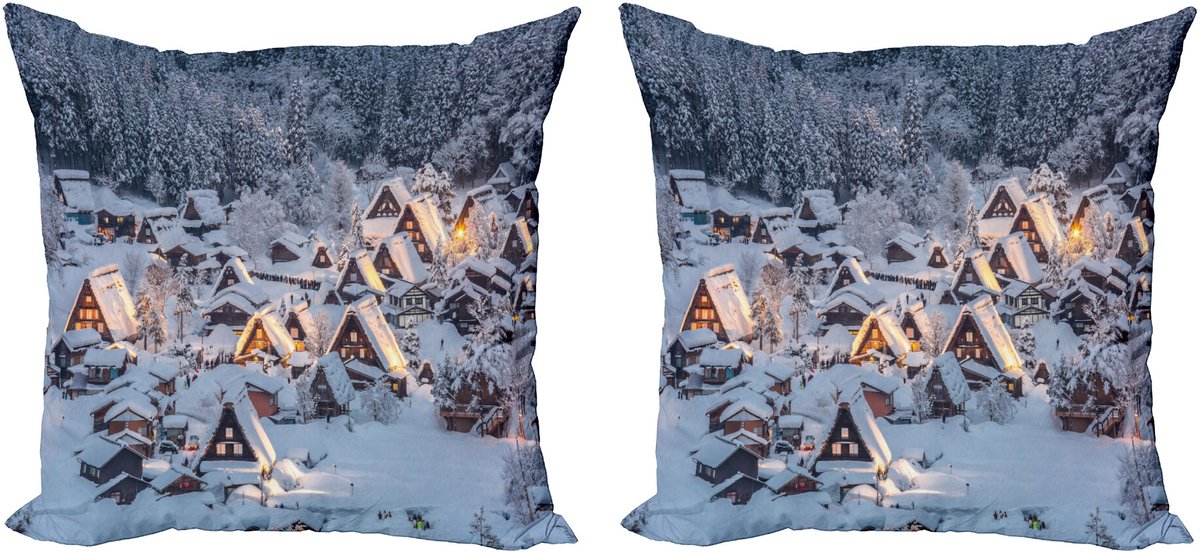 ABAKUHAUS Winter Sierkussenhoes Set van 2, Shirakawa Dorf, Modern Accent Dubbelzijdige Digitale Print, 50x50, Wit Bruin Zwart
