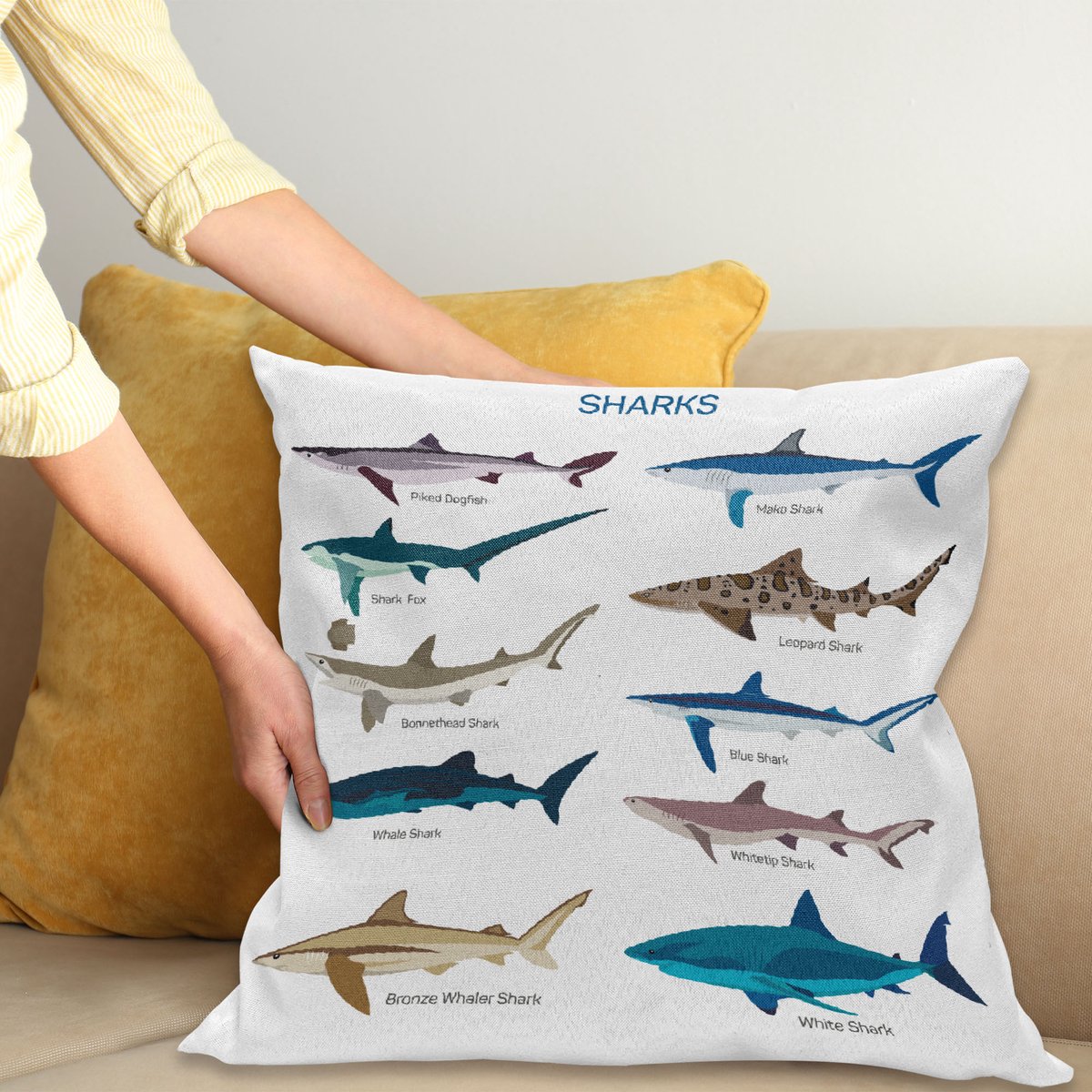 ABAKUHAUS Vis Kussenhoes, Cartoon-Haifisch-Typen Wild, Kussenhoes met Ritssluiting en Dubbelzijdige Print, 45 x 45 cm, Meerkleurig