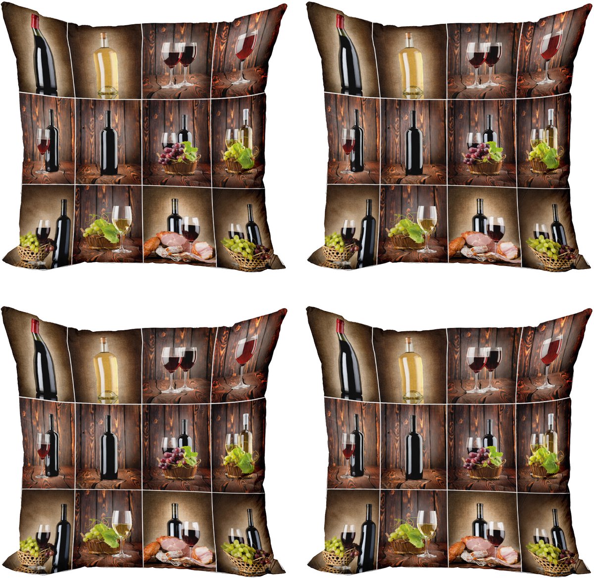 ABAKUHAUS Wein Sierkussen Kussenhoes 4er Set, Trauben Fleisch Getränk Collage, Modern Accent Dubbelzijdige Digitale Print, 50 x 50 cm, Bruin Zwart Rood