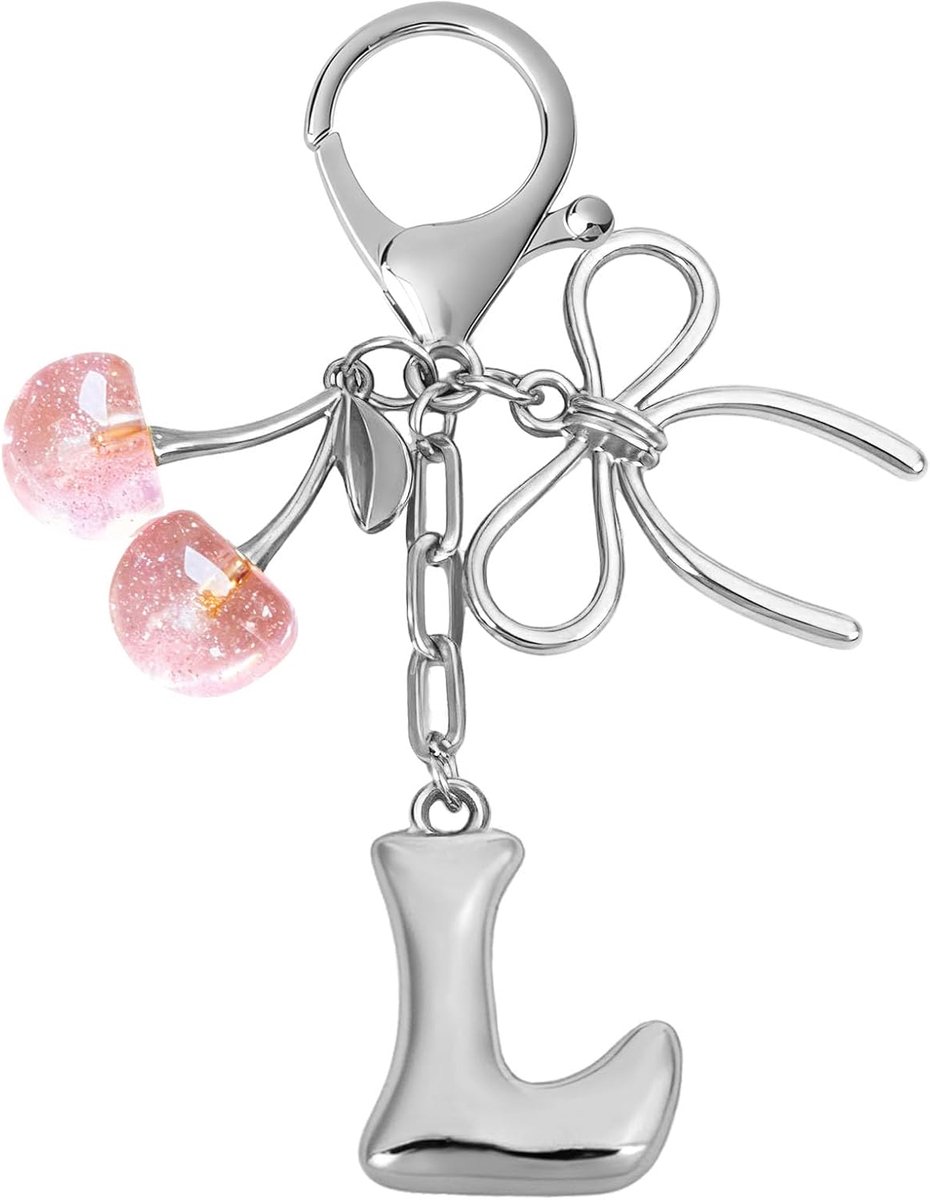Kristallen Kersen Sleutelhanger met Metalen Strik, Gepersonaliseerde Sleutelhanger met Initiële Letter, Leuke Kawaii Tas Charms Accessoires, Prime Gift voor Vrouwen Meisjes Vrienden